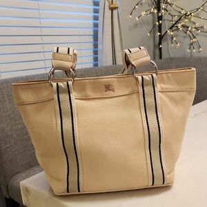 ❗️BURBERRY‼️ Denim Beige Tote Handbag with Striped Handles